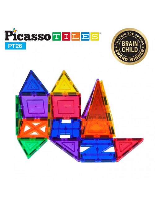 Set PicassoTiles Inspirațional - 26 Piese Magnetice De Construcție Colorate - 9 Forme Diferite